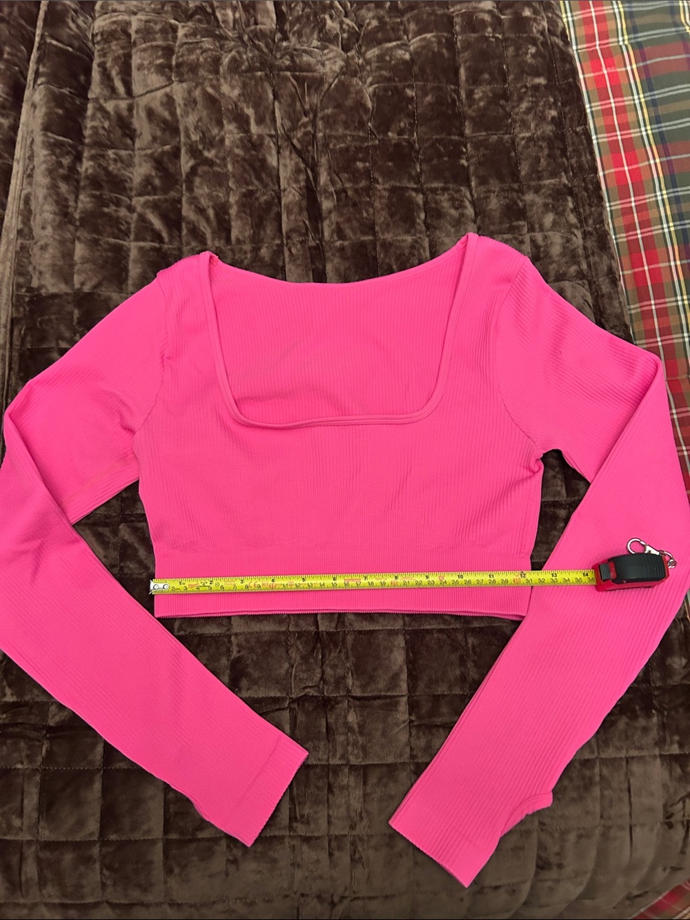 Square Neck Ribbed Long Sleeve Crop Top in Hot Pink